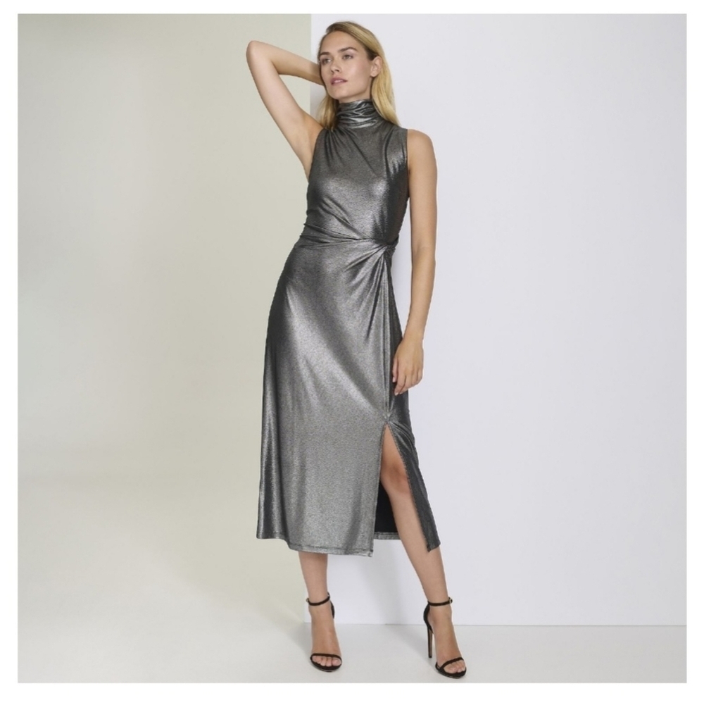 Harper Rose Formal Metallic Silver Sleeveless Mocked Neck Sheath Midi Dress Sz 6